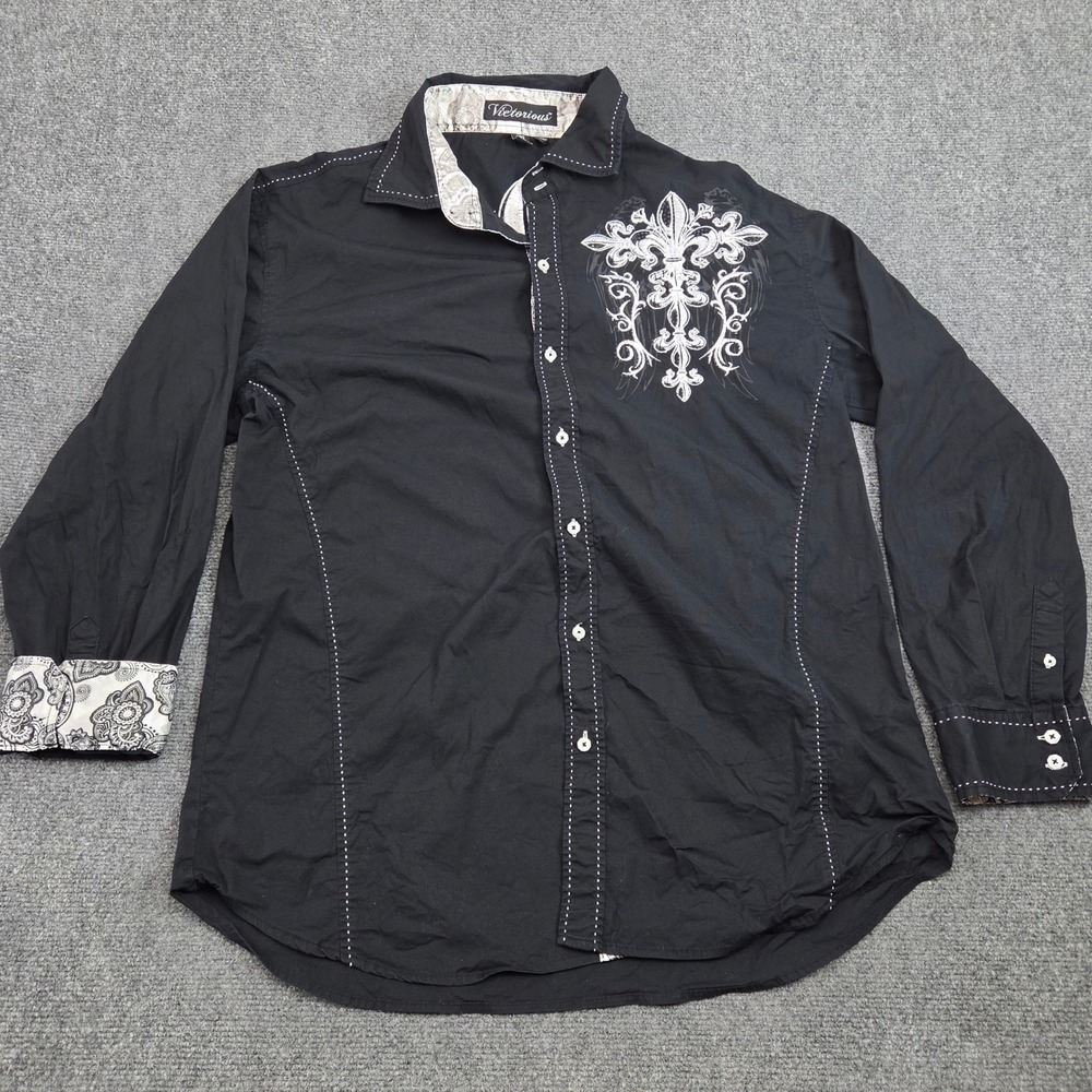Victorious Button Down Shirt Mens 3XL Black Fleur De Lis Embroidered Club Goth